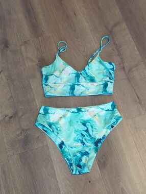 SHEIN Blue Green Marble Print High-Waist Bikini